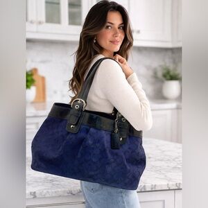 Coach Signature Pleated Gallery Tote Navy Soho Buckle Style Large Shoulder Bag